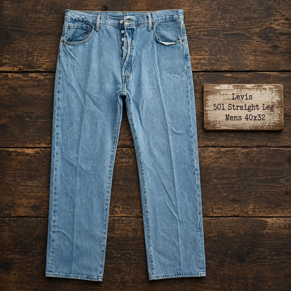 Levis 501 Straight Leg Mens 40x32 Light Wash Blue Button Fly Denim Jeans